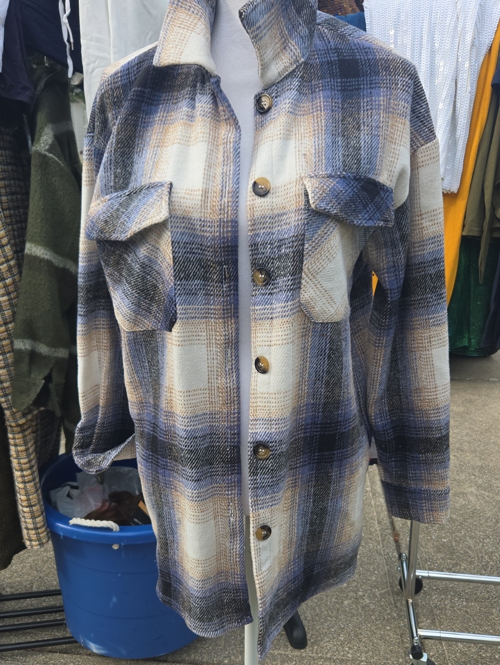 Pretty Garden...Plaid Button-Up Shacket in Blue and Cream